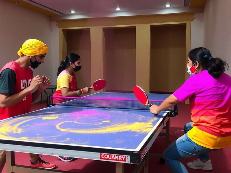 Indian Table Tennis Academy Holi event Holi Color Challenge with players in colorful clothes playing table tennis